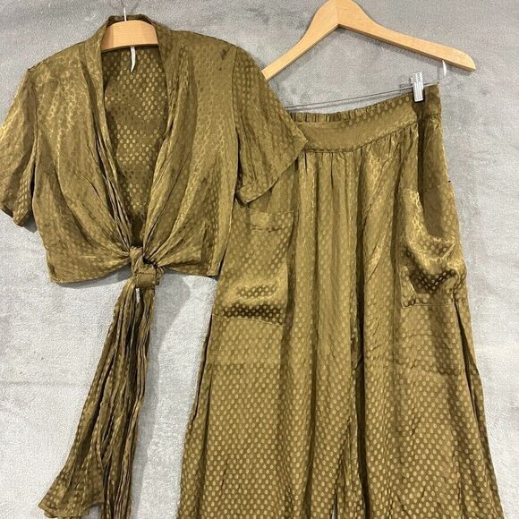 Free People Morning Dove 2pc Set Green Satin Wrap Tie Top Wide Leg Crop Pant Sm - Picture 3 of 13